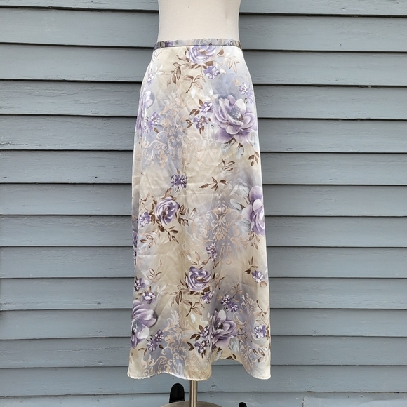 Vintage 90s y2k Kathy Lee Blue Tan Satin Purple Floral Midi Slip Skirt 12 - Picture 4 of 10